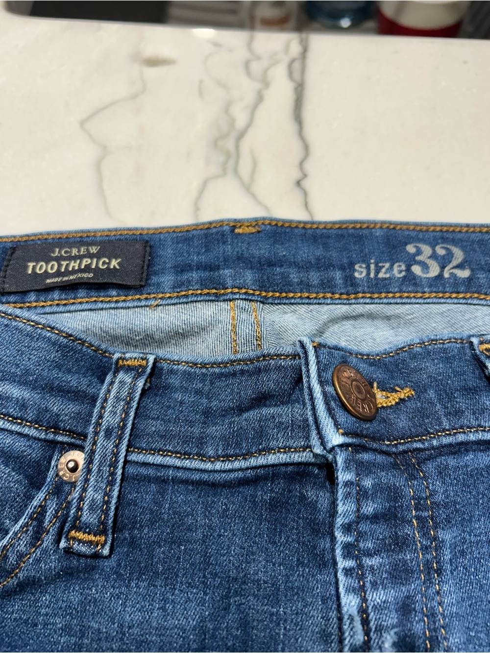 J. Crew Toothpick Jeans in Blue Denim with Gold Stitching